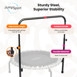 Pacote de trampolim fitness JumpSport 350 Series de 39" e barra de apoio, elásticos ajustáveis, pernas arqueadas estáveis ​​e sem tombamento, além de teste de streaming por 60 dias