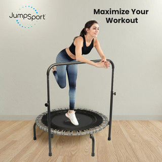 Pacote de trampolim fitness JumpSport 350 Series de 39" e barra de apoio, elásticos ajustáveis, pernas arqueadas estáveis ​​e sem tombamento, além de teste de streaming por 60 dias