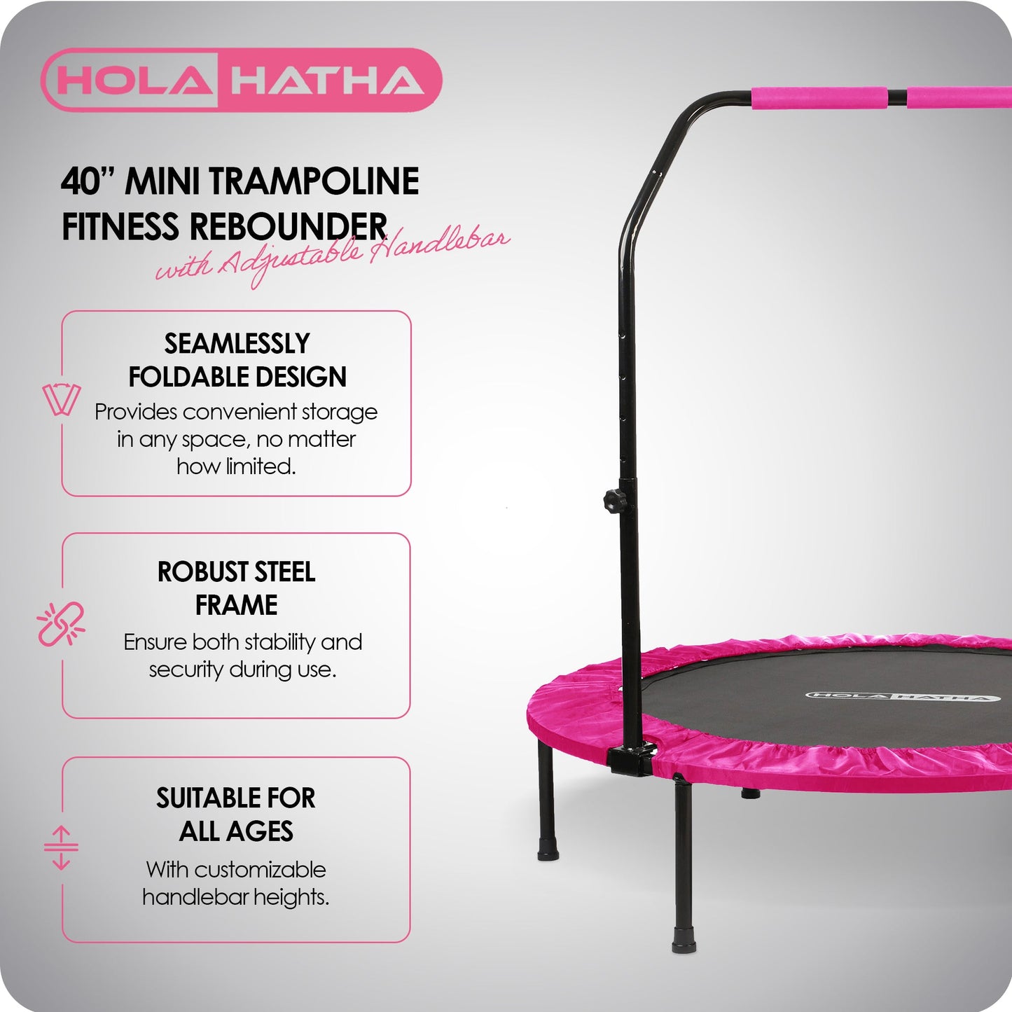 HolaHatha Mini Trampolim Fitness Rebounder de 40" com Alça Ajustável, Rosa