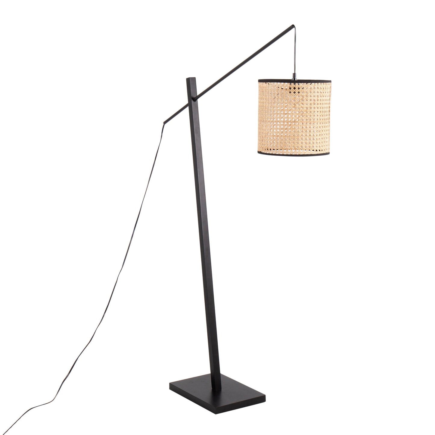 Arturo Contemporary Floor Lamp in Black Wood and Steel with Rattan Shade