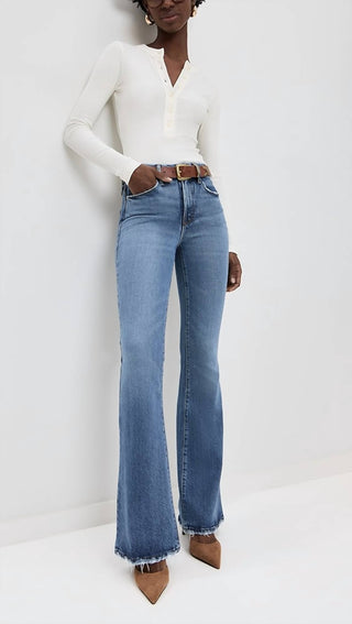 Good American - Calça jeans flare com decote em V profundo Good Legs