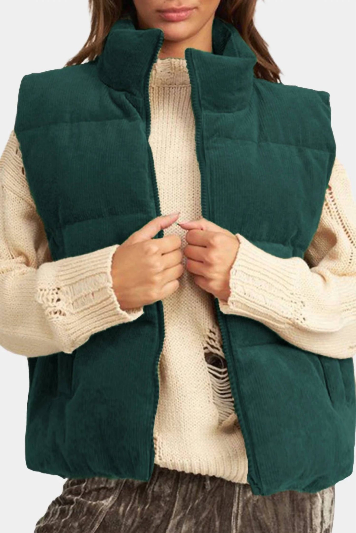 1 With Women - Corduroy Stand Neck Zipped Puffer Vest