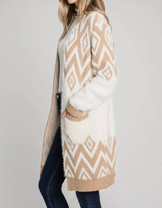 Allie Rose - Cozy Eyelash Chevron Open Cardigan With Pockets