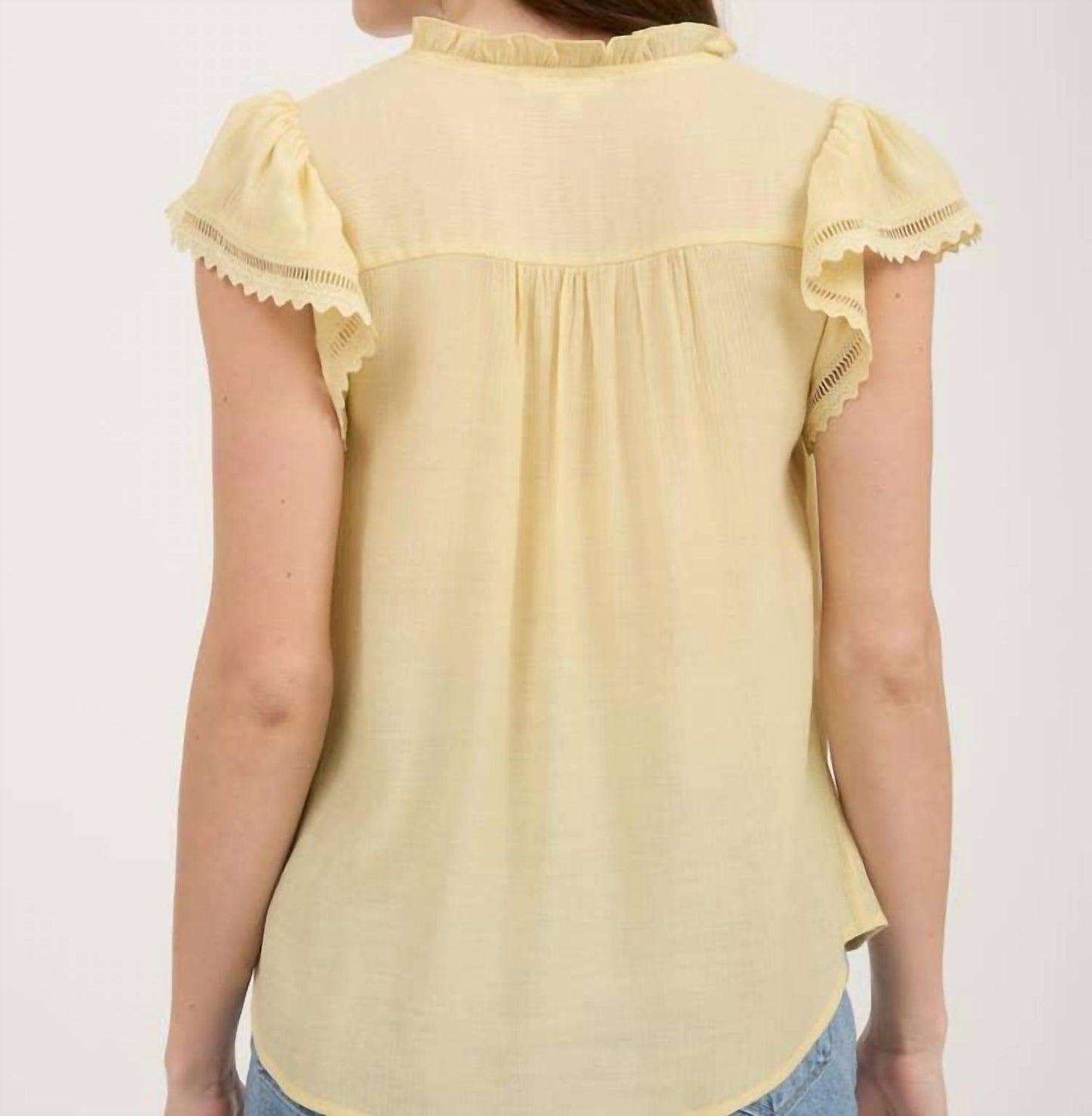 Blu Pepper - Split Neck Eyelet Crochet Trim Ruffle Detail Top