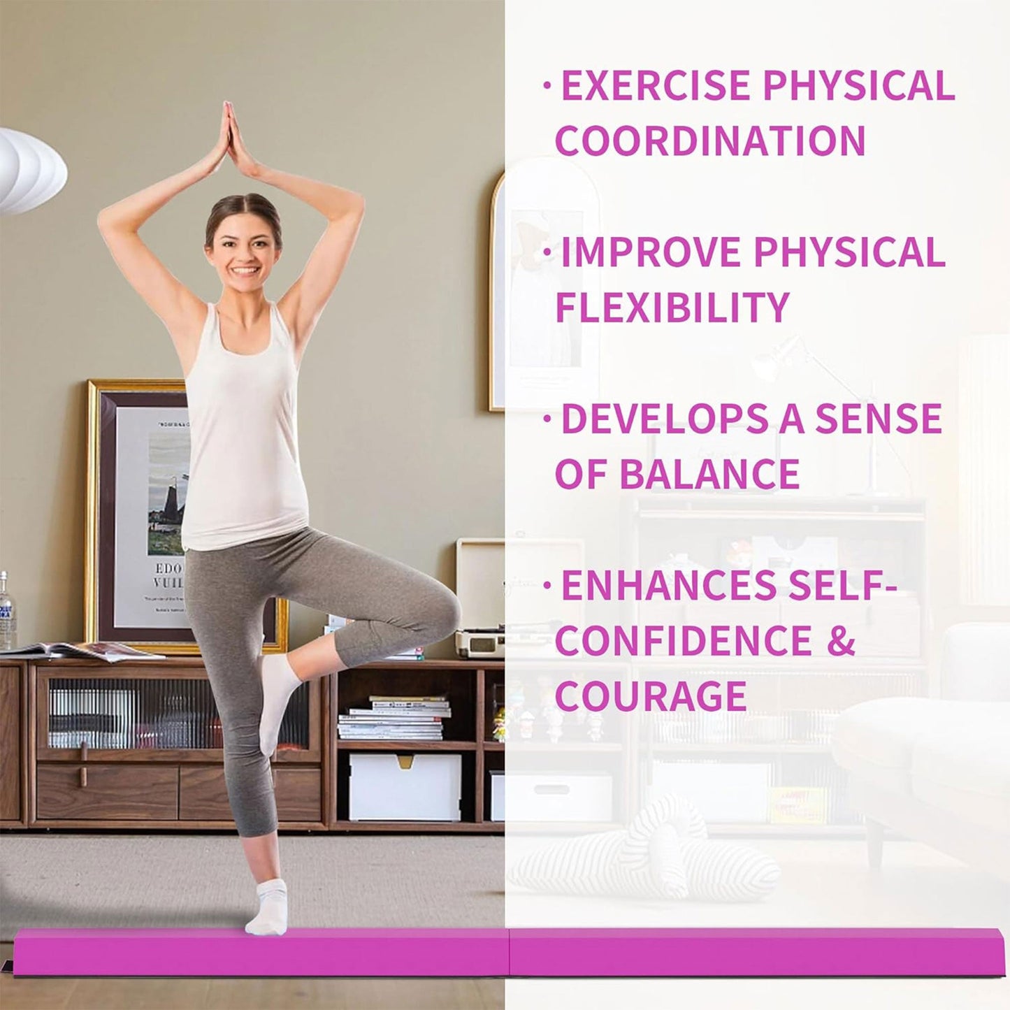 Tapete multifuncional BalanceFrom Fitness com trave de equilíbrio de 2,4 m, conjunto de ginástica, rosa