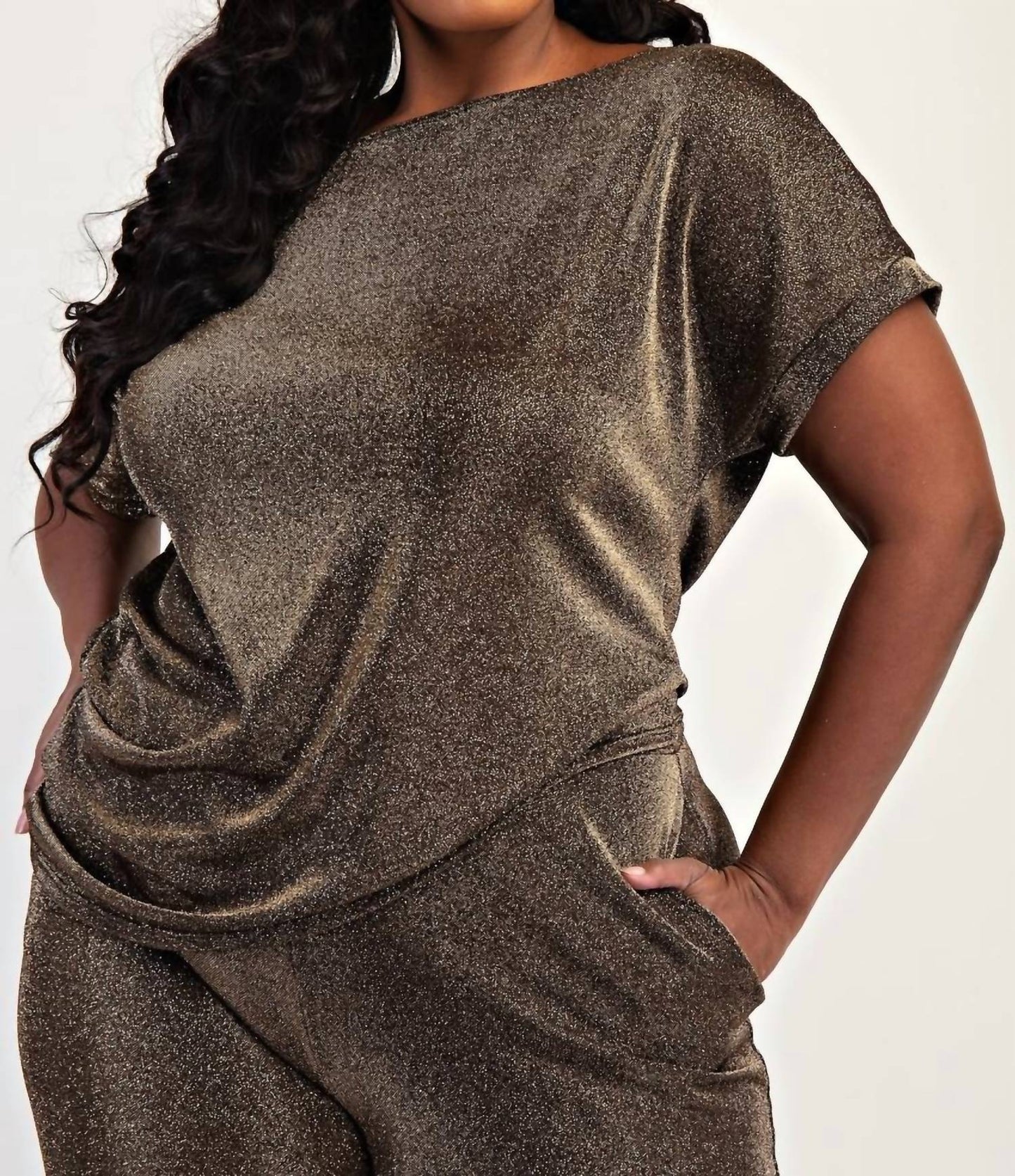 The Curve La - Plus Size Glitter Knit Short Sleeve Top And Wide Leg Pants Set