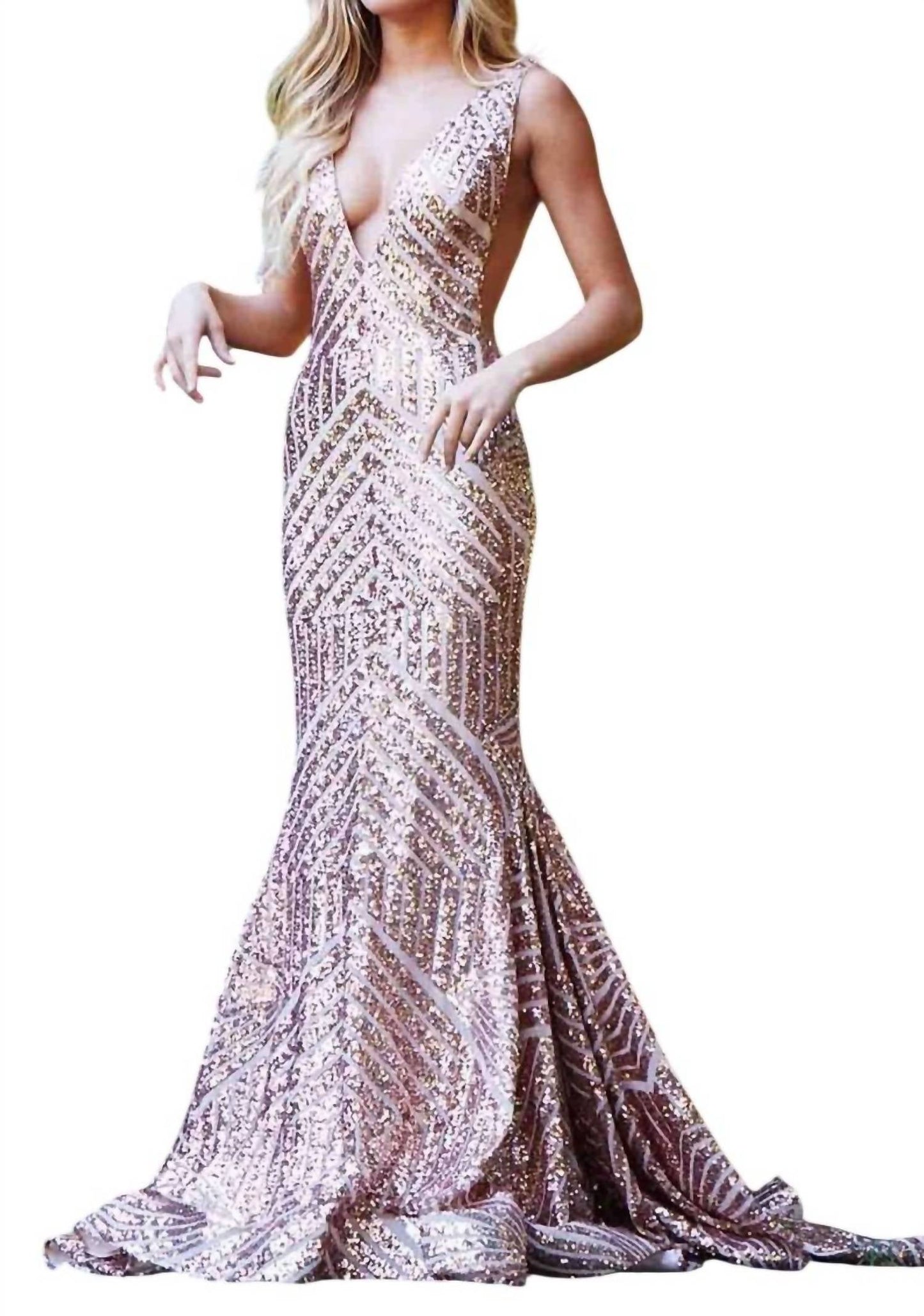 Jovani - Low V Neck Sequin Dress