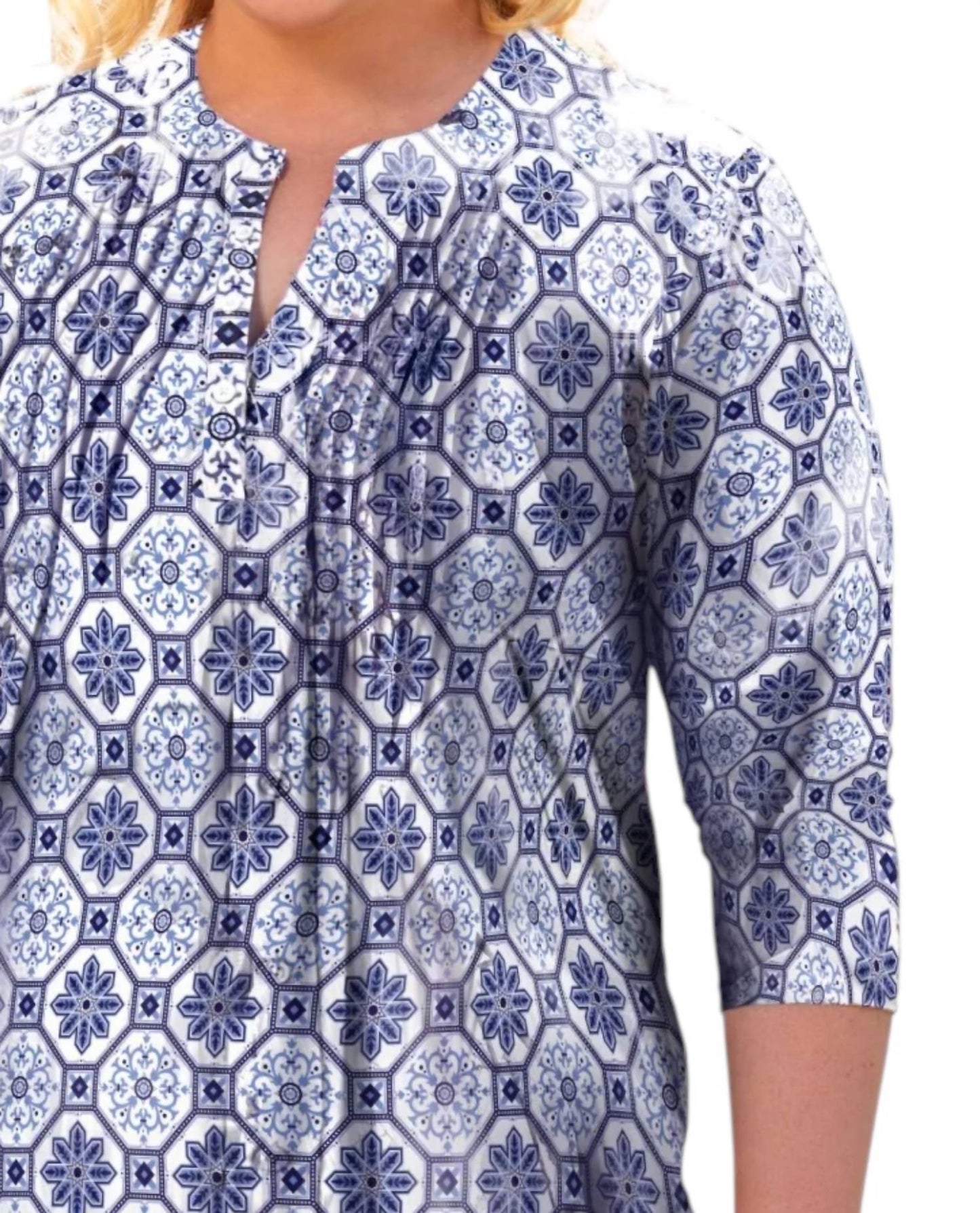 On The Plus Side - Printed Pleated 3/4 Sleeve Mandarin Collar Tunic Top