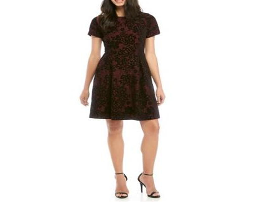 Vestido flare feminino Vince Camuto Burnout com renda e caimento justo, preto, bordô, tamanho 2
