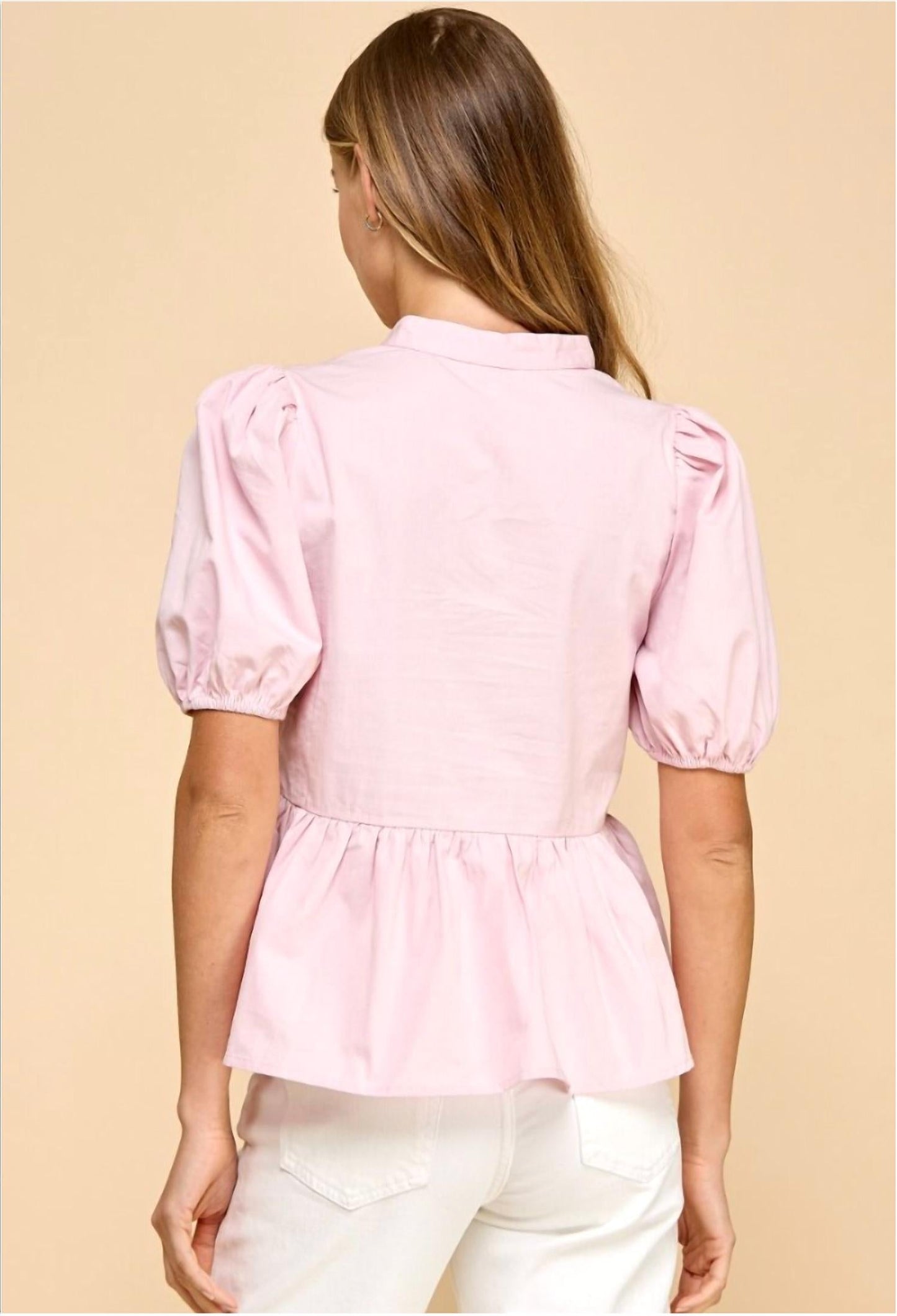 Tcec - Scalloped Split V-neck Puff Sleeve Top