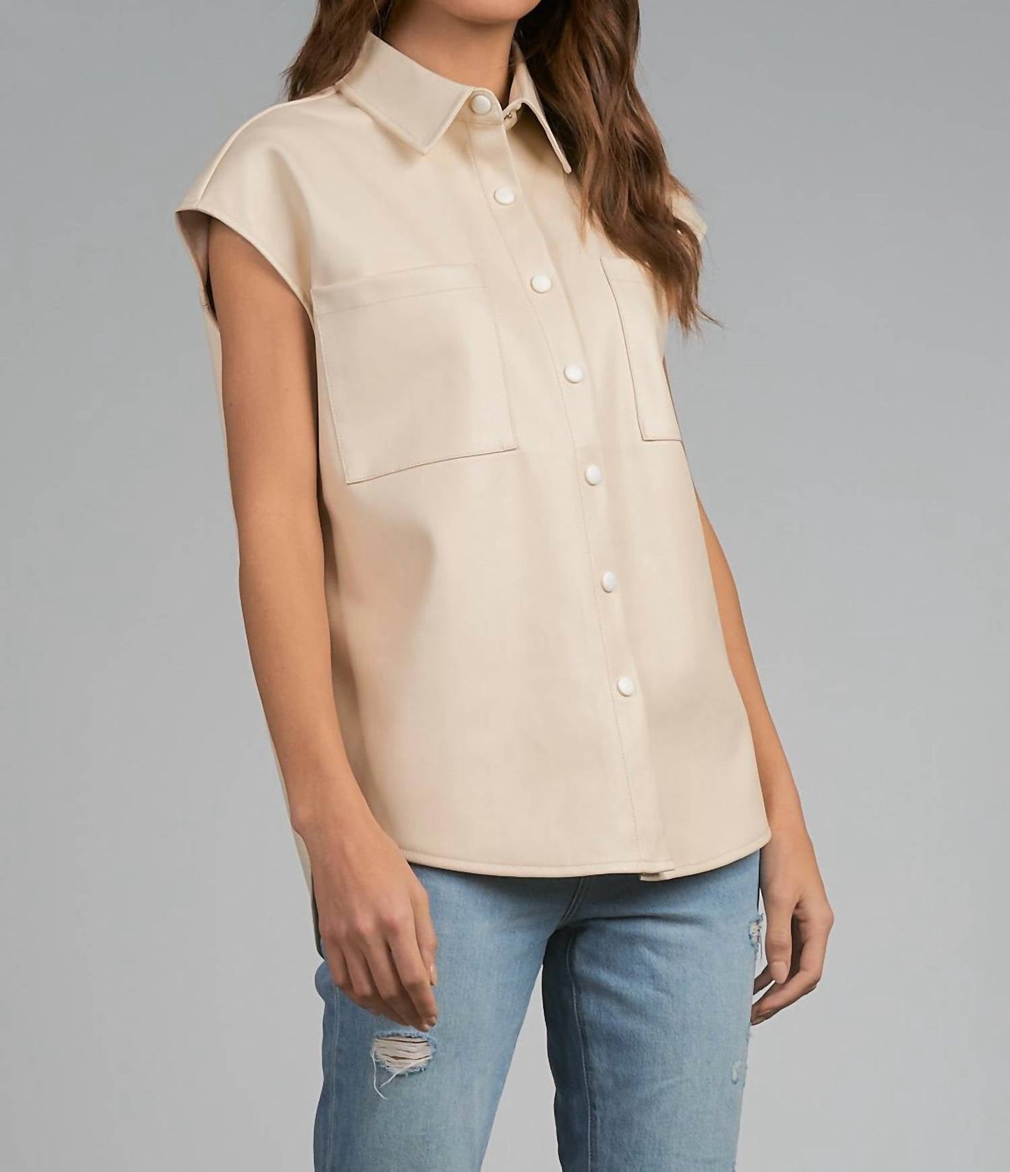 Elan - Cap Sleeve Faux Leather Top