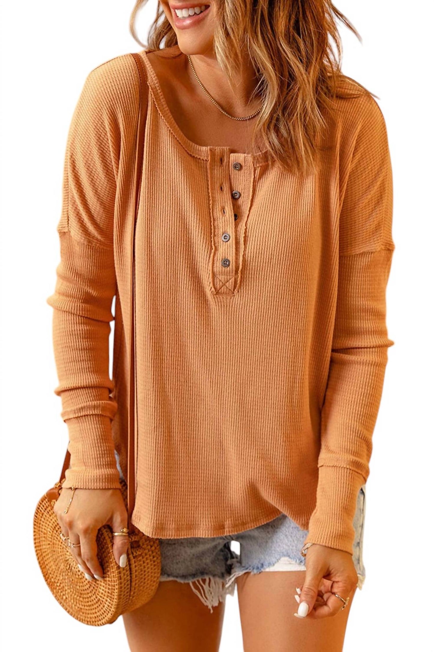 Double Take - Chic Drop Shoulder Half-Button Tee