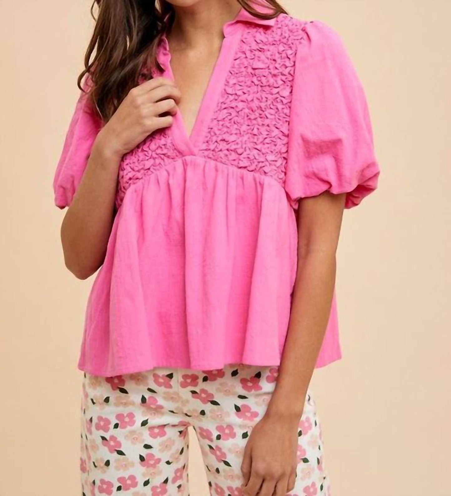 Anniewear - Honeycomb Smocked Babydoll Blouse