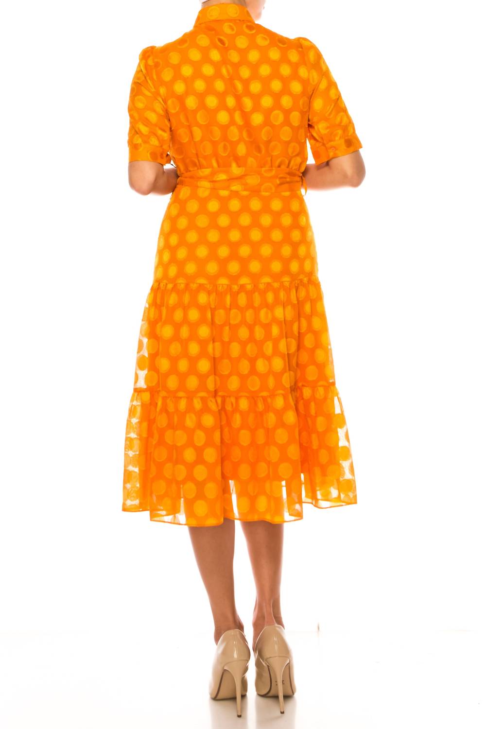 Nicole Miller - Dotted Collared Belted Shirt Dress