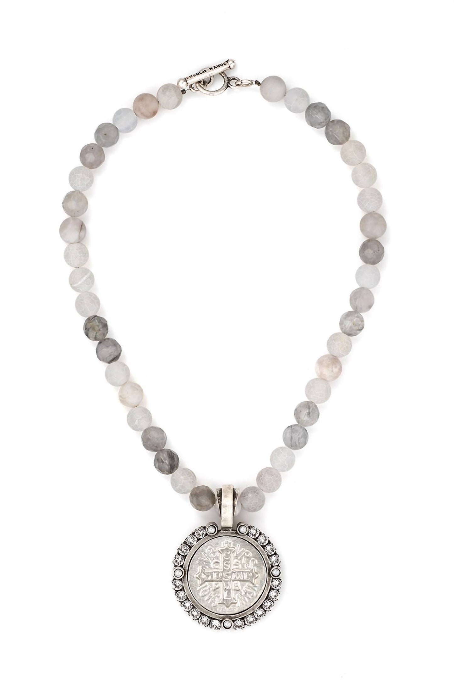 French Kande - Ashen Silk Mix Swarovski Brillante Bezel, Pearl Cabs and Saint Benedict Medallion Necklace