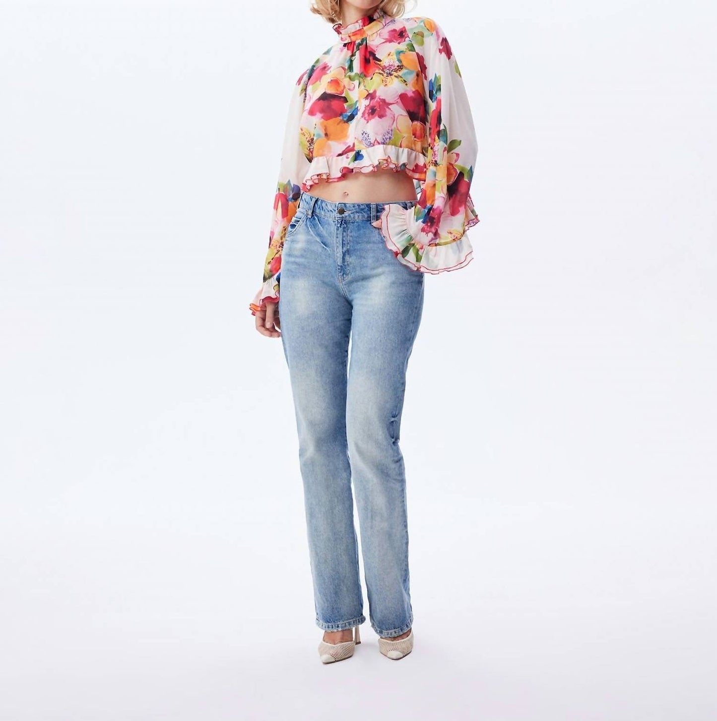 Theo The Label - Theia Orchid Print Ruffle Blouse