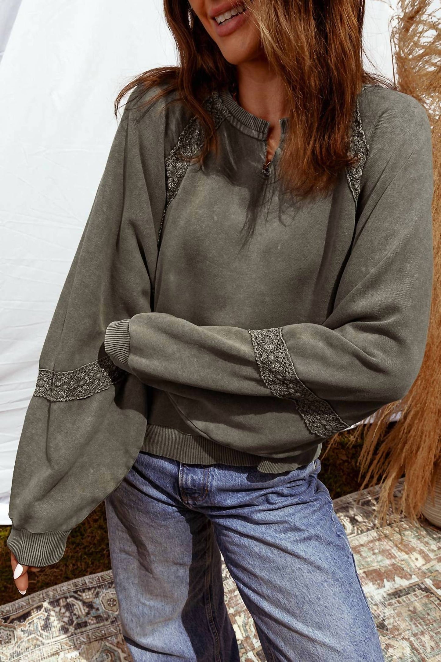 1 The Woman - Lace Patchwork Detail Notched Neck Mineral Wash Sweatshirt