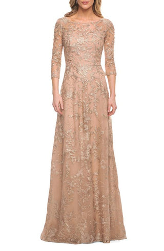 La Femme Three-Quarter Sleeve Light Gold Gown