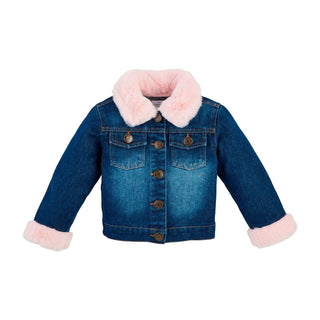 Mudpie - Jaqueta jeans infantil com acabamento em pele rosa para meninas