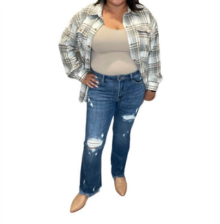 Risen - Calça jeans flare com cintura média e efeito desgastado