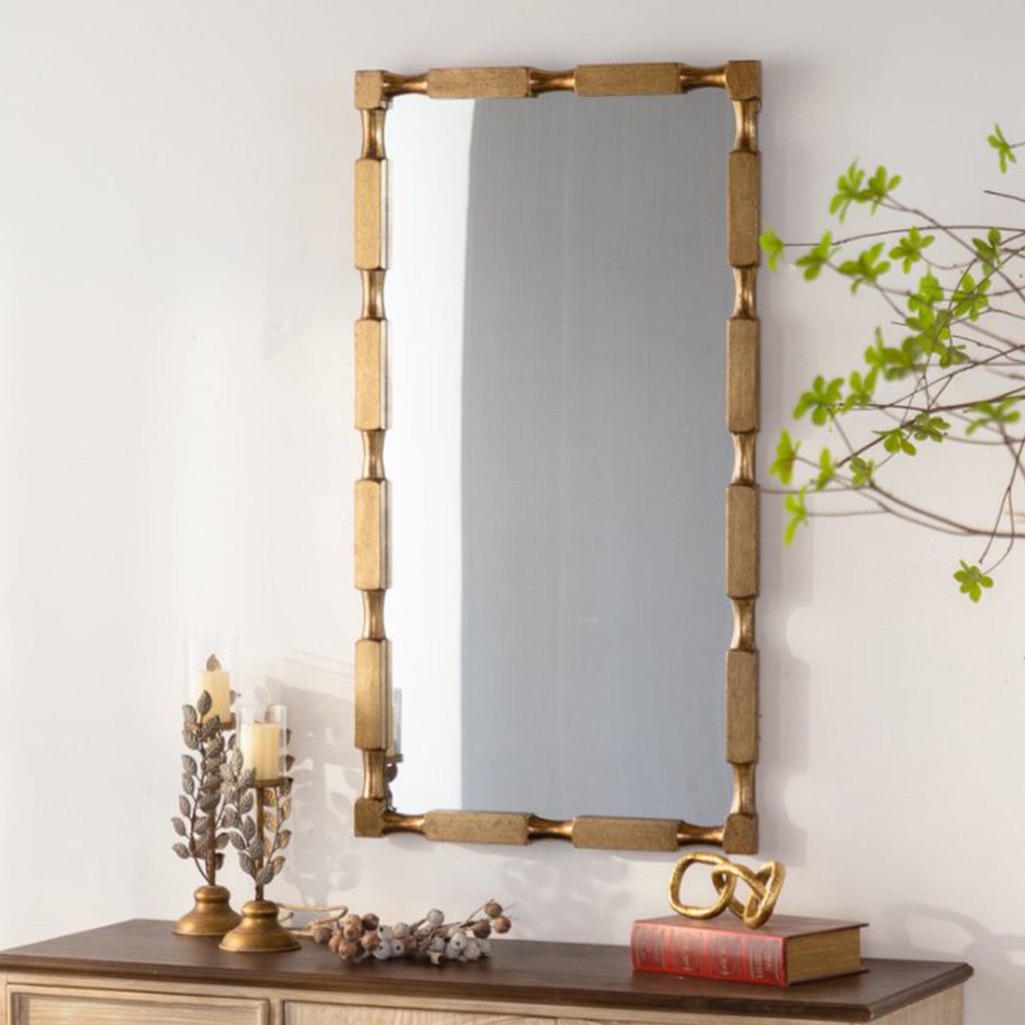 Gold Bamboo-Style Rectangular Wall Mirror, Textured Frame for Living Room/Bedroom/Entryway