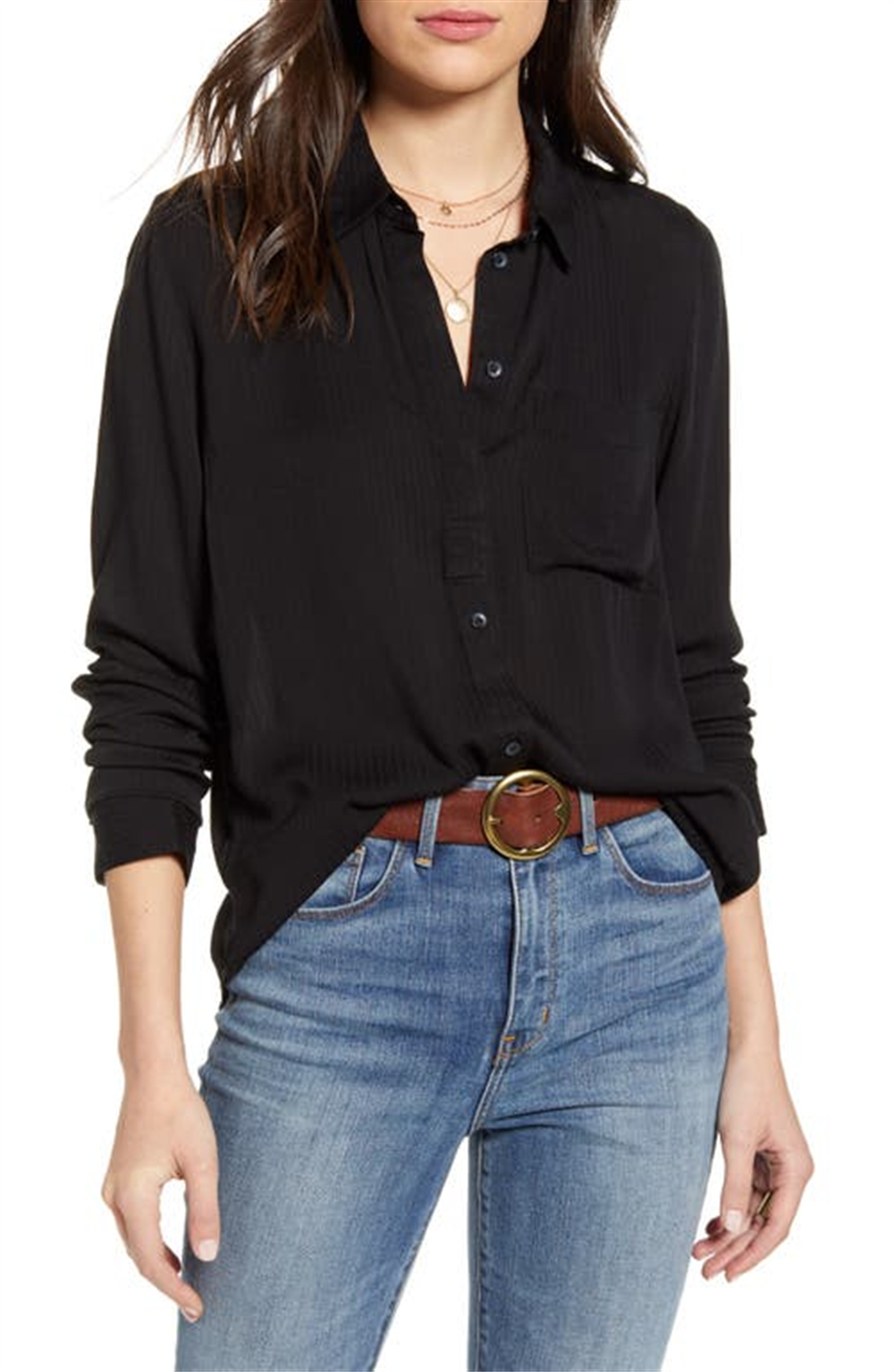 Camisa feminina Treasure &amp; Bond preta Dobby Classic tamanho X-S