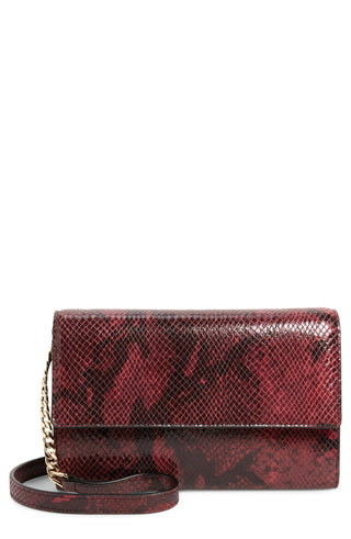 Carteira feminina Nordstrom Walla Snakeskin em couro com relevo e corrente, cor vinho