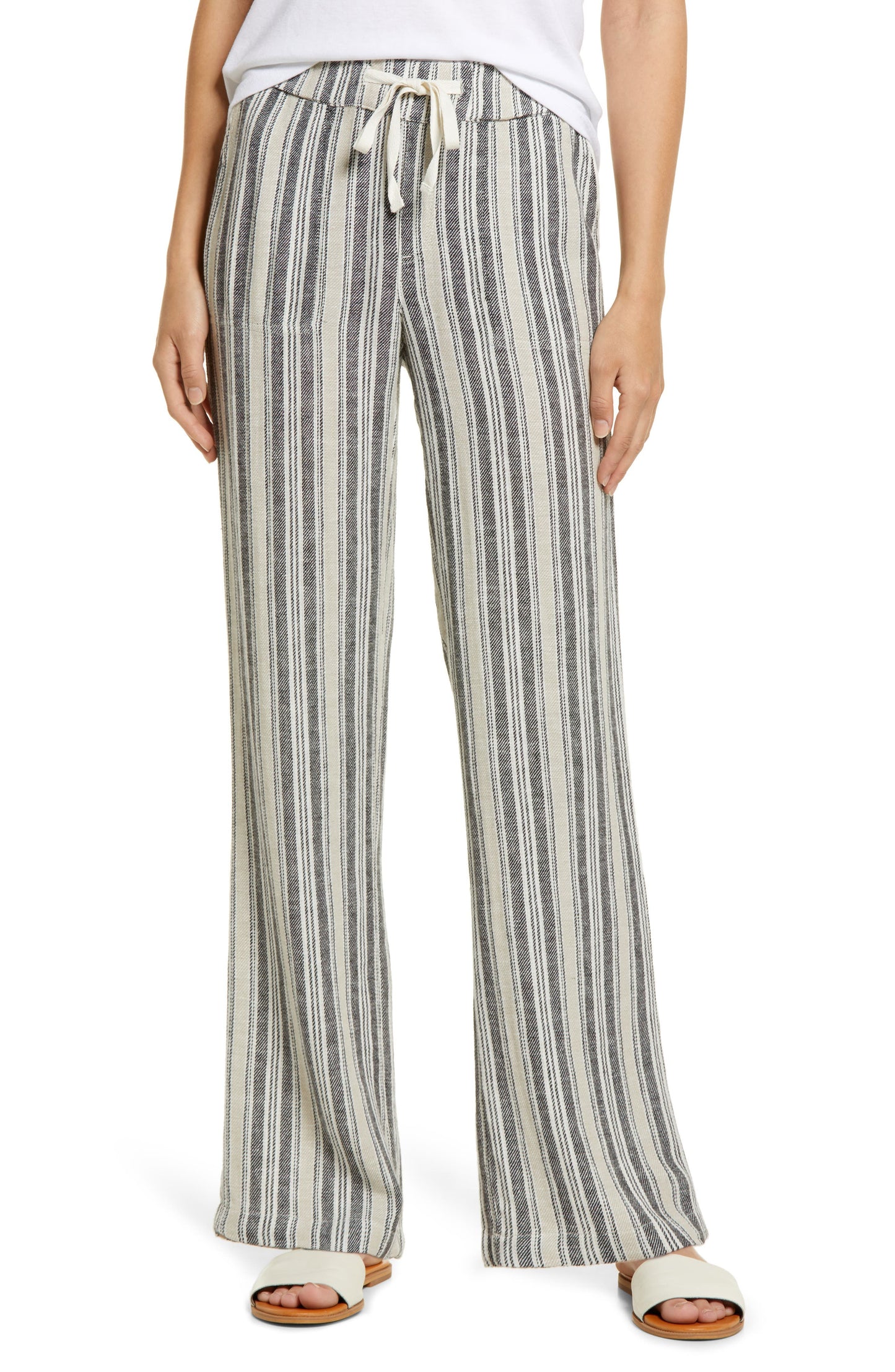 Calça Caslon Feminina Listrada Cáqui e Preta em Linho, Tamanho XS