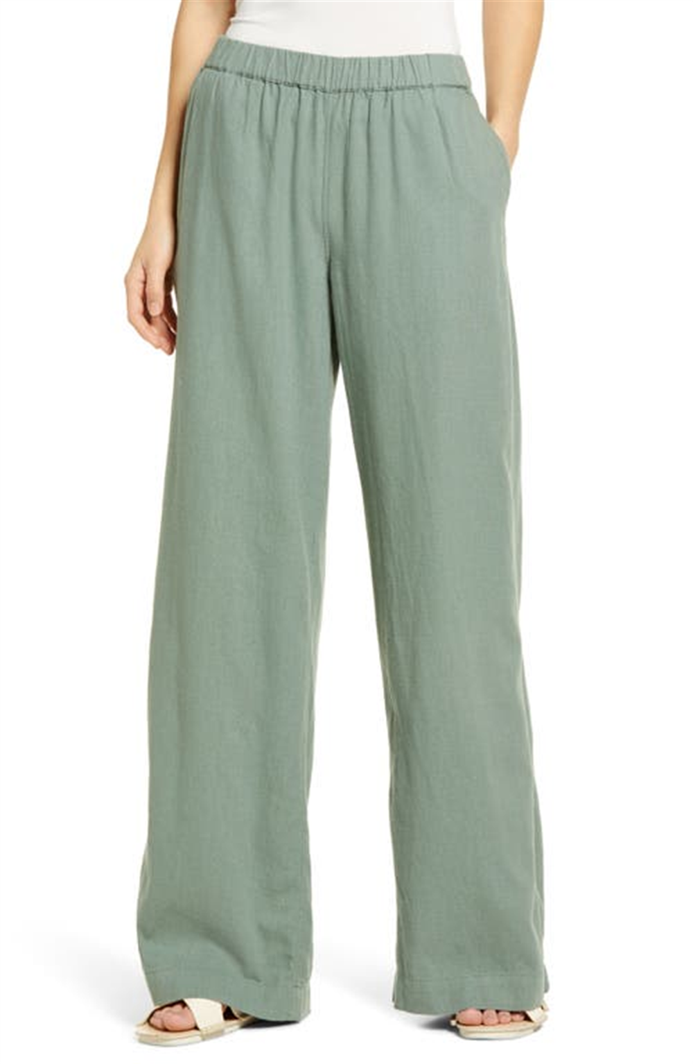Calça Caslon(r) de perna larga e mistura de linho, na cor Green Dune, tamanho X-S