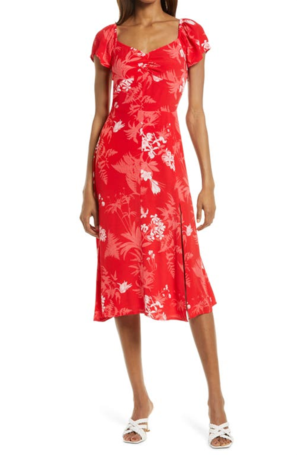 Vestido Chelsea28 com fenda floral em toile tropical chinoise vermelho, tamanho pequeno