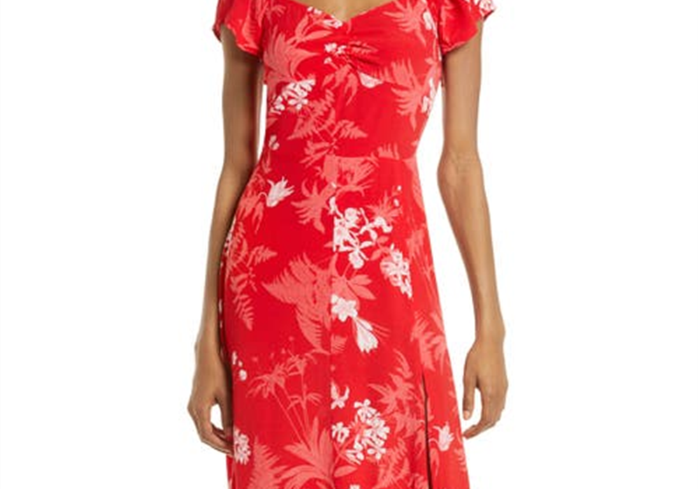 Vestido Chelsea28 com fenda floral em toile tropical chinoise vermelho, tamanho pequeno