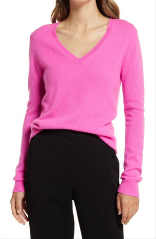 Suéter Nordstrom Cashmere Essential com decote em V, rosa, tamanho pequeno