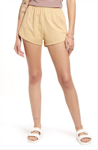 BP. Shorts femininos de algodão orgânico estilo golfinho, tamanho médio, estilo croissant, bege