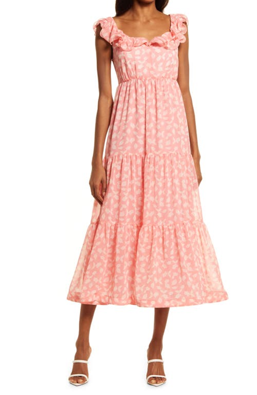 Vestido midi com babados Chelsea28 em folhas caídas rosa, tamanho médio