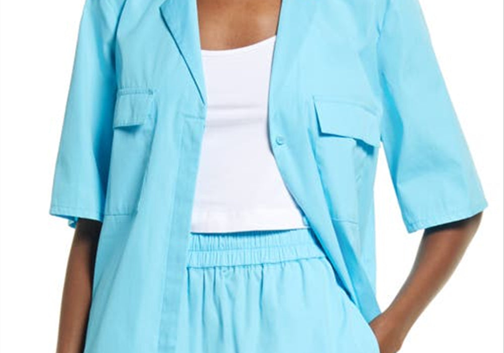 Camisa de acampamento de popeline de algodão aberta azul tamanho médio com botões