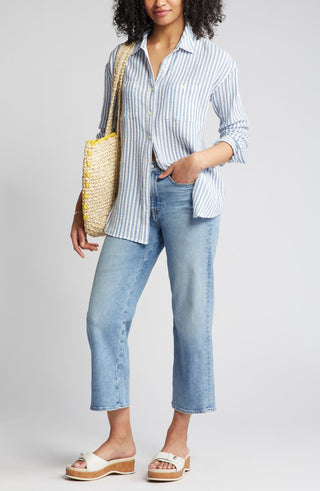 Camisa xadrez de algodão Caslon, listrada em azul-petróleo rosa marfim, tamanho médio