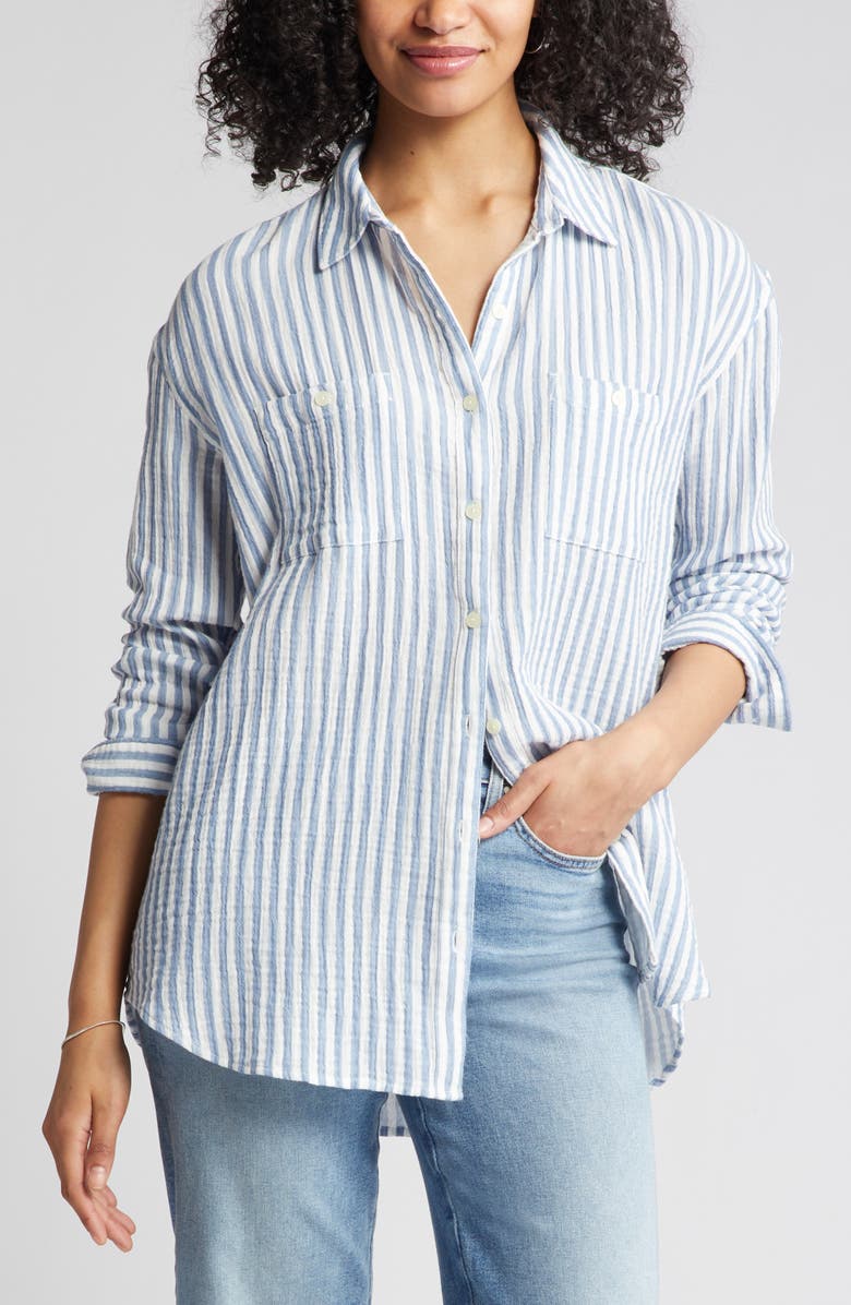 Camisa xadrez de algodão Caslon, listrada em azul-petróleo rosa marfim, tamanho médio