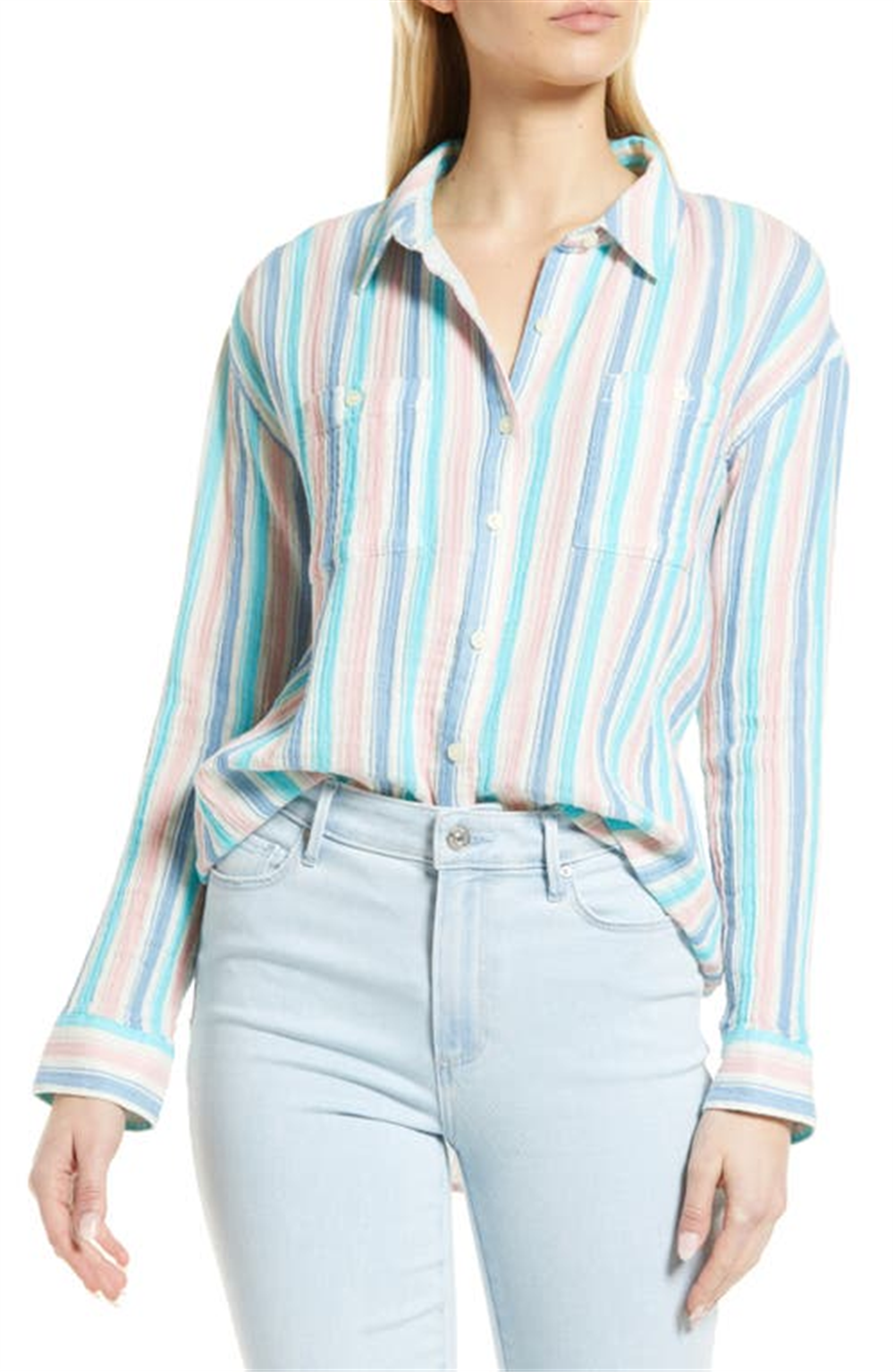 Camisa xadrez de algodão Caslon, listrada em azul-petróleo rosa marfim, tamanho médio
