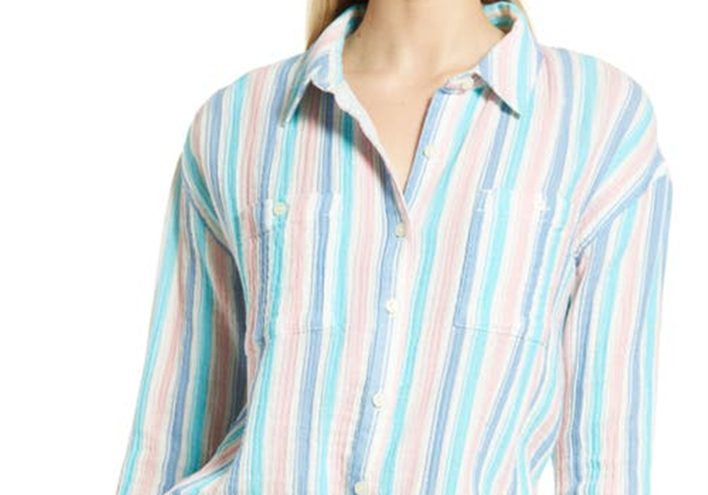 Camisa xadrez de algodão Caslon, listrada em azul-petróleo rosa marfim, tamanho médio
