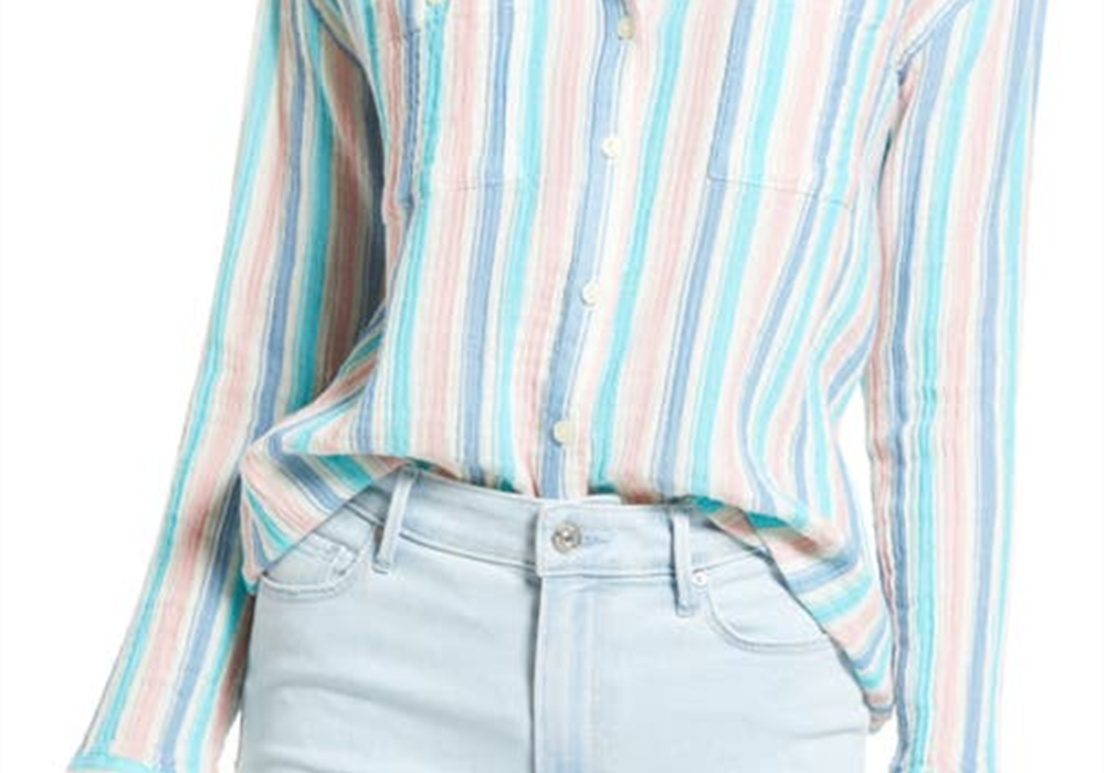 Camisa xadrez de algodão Caslon, listrada em azul-petróleo rosa marfim, tamanho médio