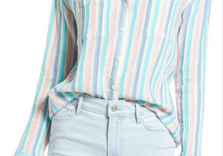 Camisa xadrez de algodão Caslon, listrada em azul-petróleo rosa marfim, tamanho médio