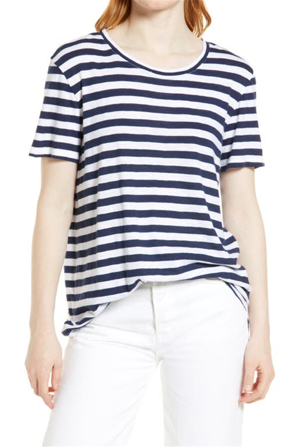 Camiseta Caslon(R) de algodão com decote redondo e listras brancas e azul-marinho, tamanho XS, da Nordstrom