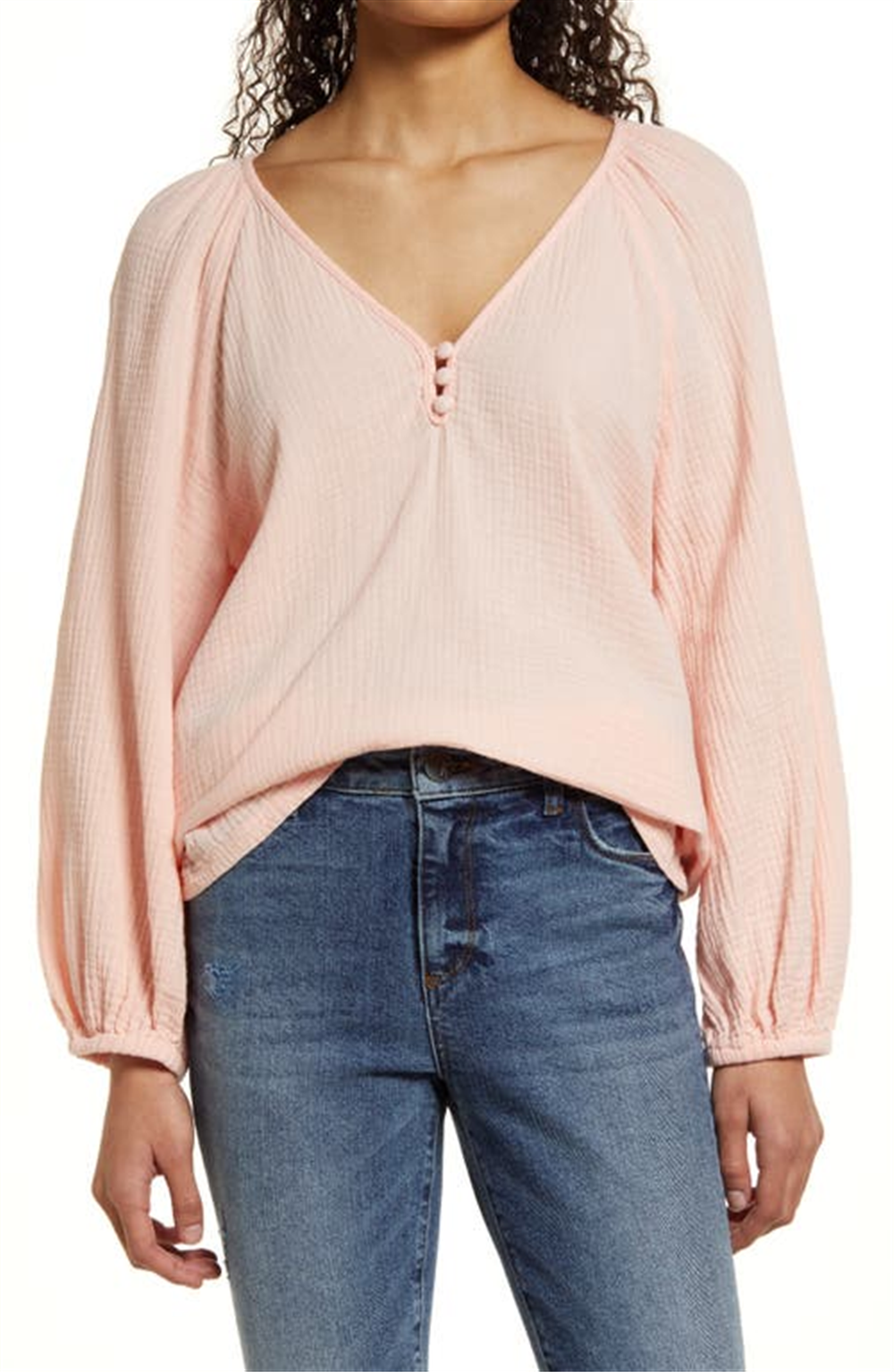 Blusa Caslon de tamanho pequeno com manga raglan e seersucker em chita rosa