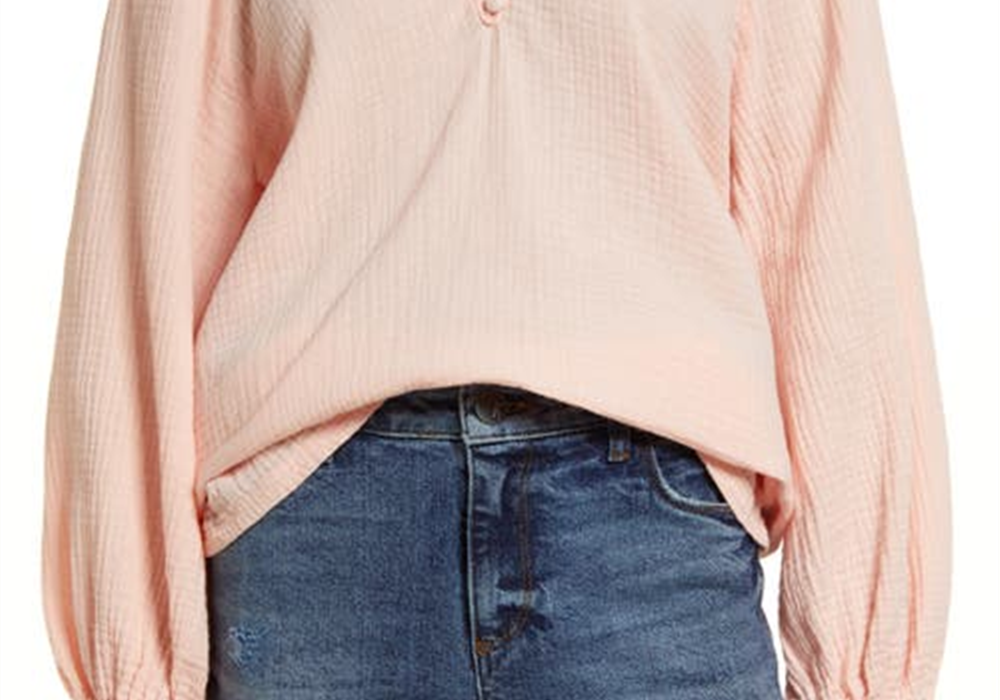 Blusa Caslon de tamanho pequeno com manga raglan e seersucker em chita rosa