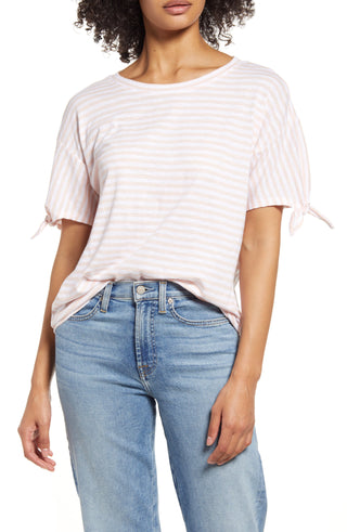 Camiseta Caslon Feminina Rosa Branca Brooke Listrada Manga Amarrada Tamanho X-G