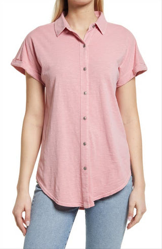 Camisa Caslon Slub Camp tamanho médio em flamingo rosa