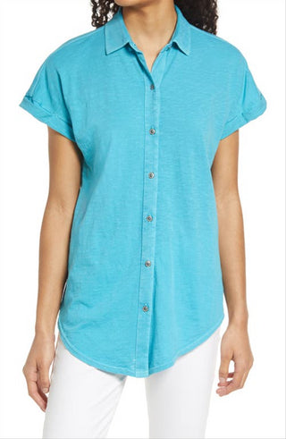 Camisa de acampamento Teal Scuba Caslon Slub Jersey - Tamanho XS