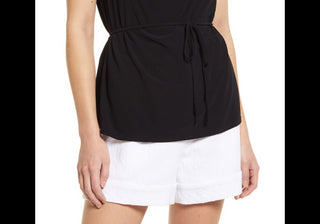 Blusa sem mangas com decote canoa e amarração na cintura, tamanho médio, em flor roxa