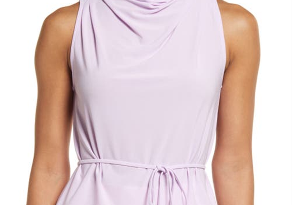 Blusa sem mangas com decote canoa e amarração na cintura, tamanho médio, em flor roxa