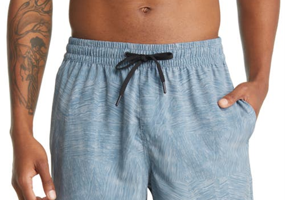 Calções de banho Zella Bluffs - Estampa de olmo em azulejo azul, tamanho XS